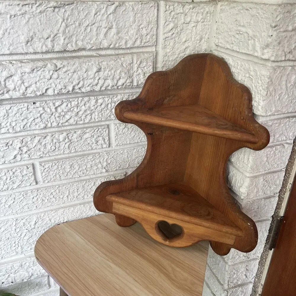 Vintage Wood Heart Cutout 2 Tier Corner Shelf Farmhouse Cottagecore Cabincore